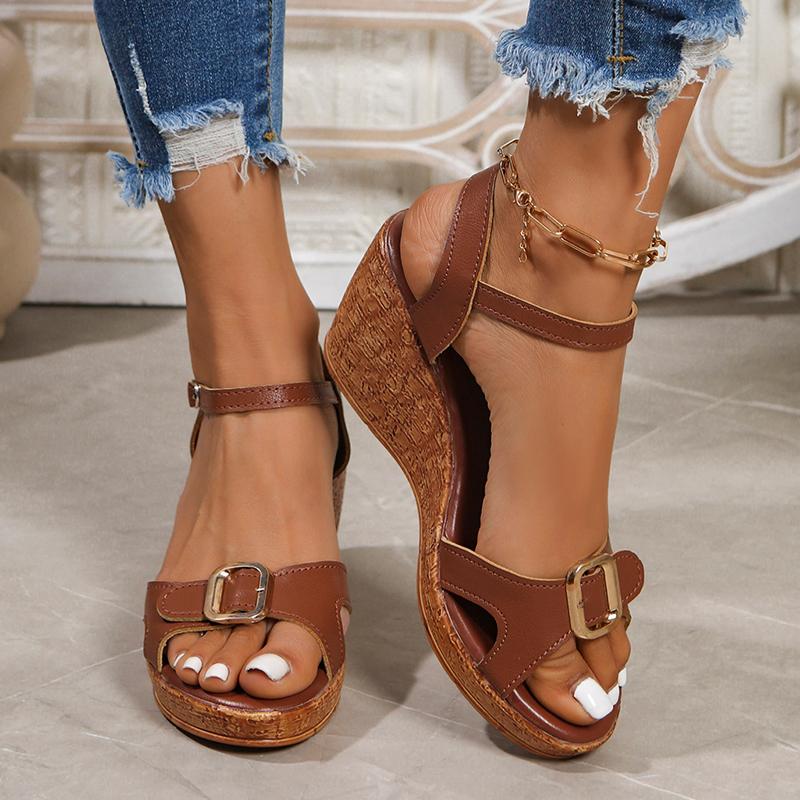 Fashion Retro Buckle Decor Wedges Sandals Women Plus Size Ankle Strap Thick Sole Non Slip Casual Shoes Summer Chunky Platform Sandalias