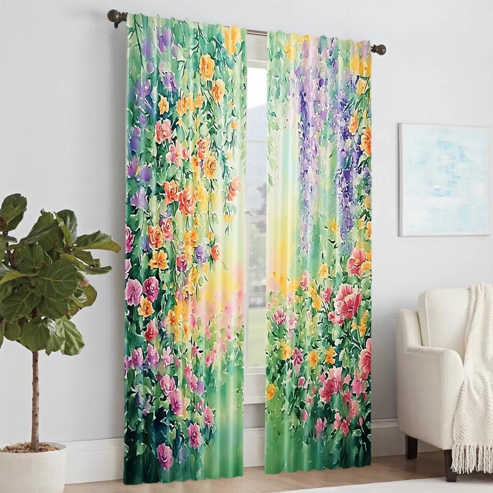 Set Of 2 Colorful Floral Plant Printed Window Curtain Living Room Bedroom Home Decor Design Privacy Protection Polyester Perfect For Area