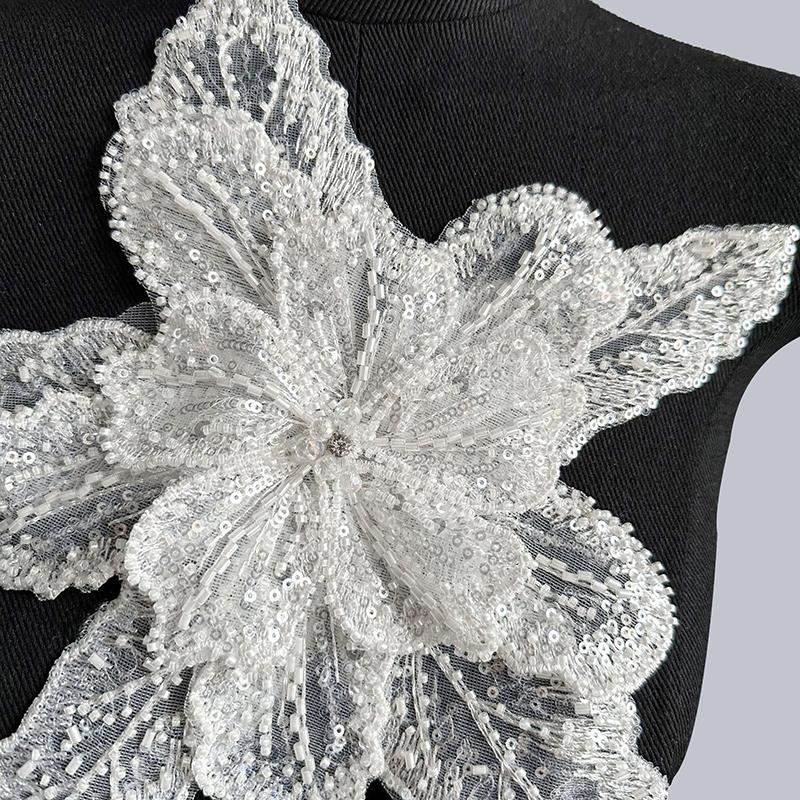 1Pc Diy Sequin Beaded Decorative Lace Patches Multi Layered Clothing Accessories White High Quality Handmade