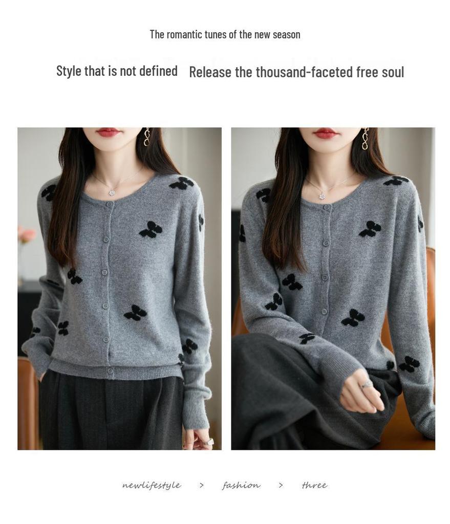 2025 Stylish Bow Jacquard Wool Knit Cardigan - Round Neck, Single-Breasted Thin Sweater Coat