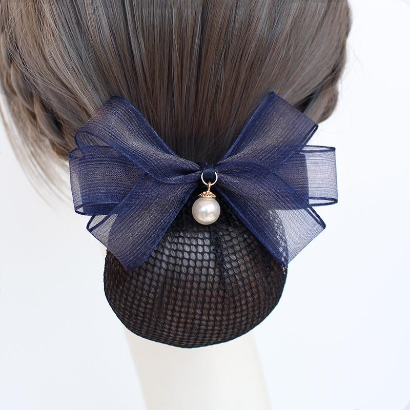 Vocational Nurse Head Flower Mesh Pocket Hairpin Silk Yarn Pearl Pendant Bow Stewardess Bank Disc Hair