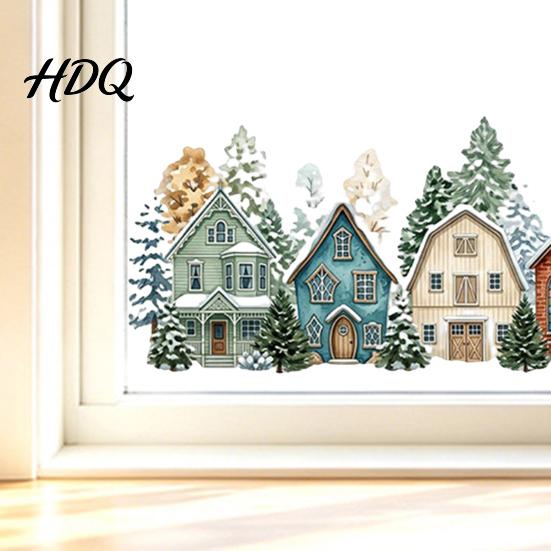 Transparent Decorative Film Christmas Winter Village Static Window Clings, Snowflake Snow House Wonderland Decals Stickers, Removable for Xmas