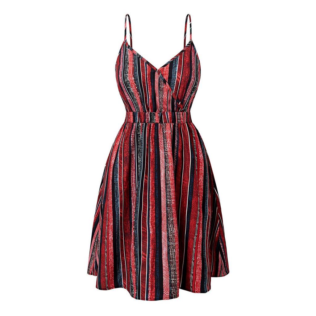 Women Dresses 2025 Summer Sleeveless Strap Dress Sexy V-Neck Striped Women Dress J878