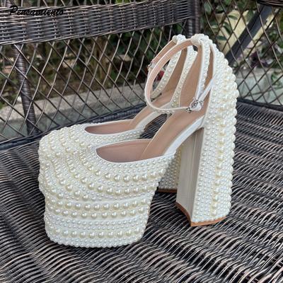 Fashion Luxury Handmade Full Pearls Beaded Platform Wedges Women Pumps Fashion Chunky Heeled Ultra High Heels Banquet Dress Wedding Shoe