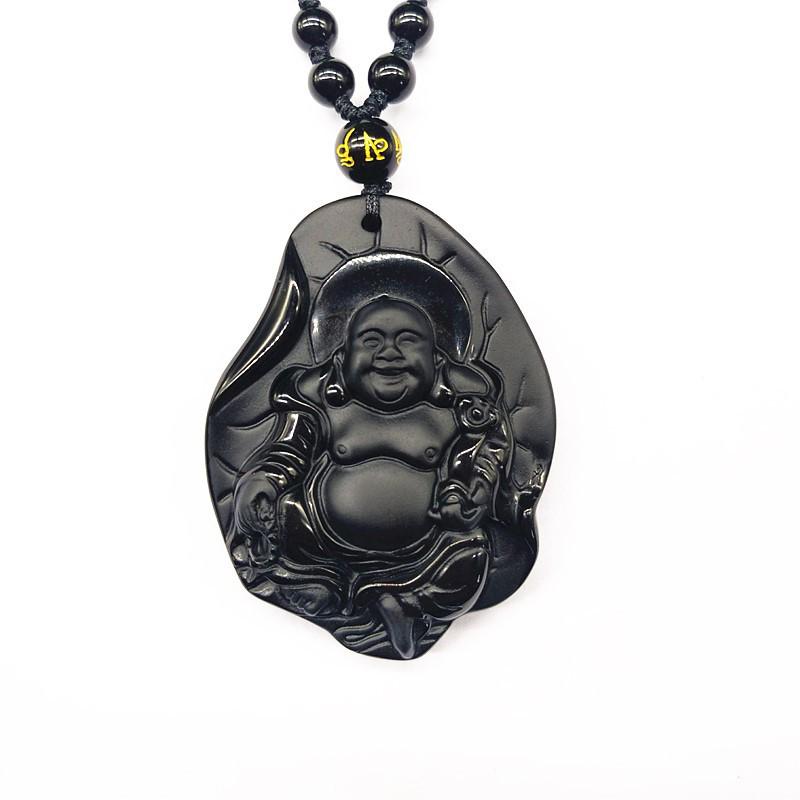Obsidian Laughing Buddha Pendant with Lotus Leaf Necklace