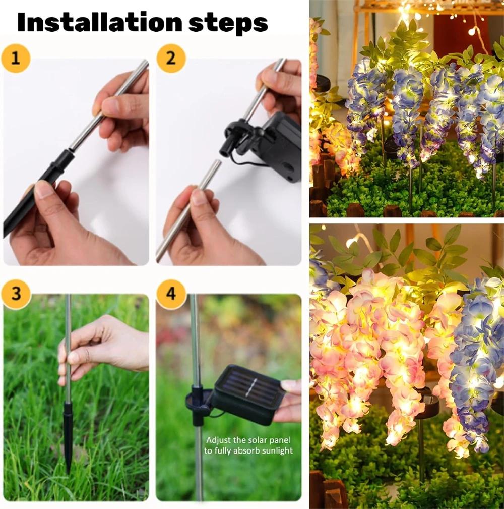 Solar Garden Lights Outdoor 4 Branches Flower Lights for Outside 2 Modes Waterproof Garden Decor for Yard Patio Pathway Backyard