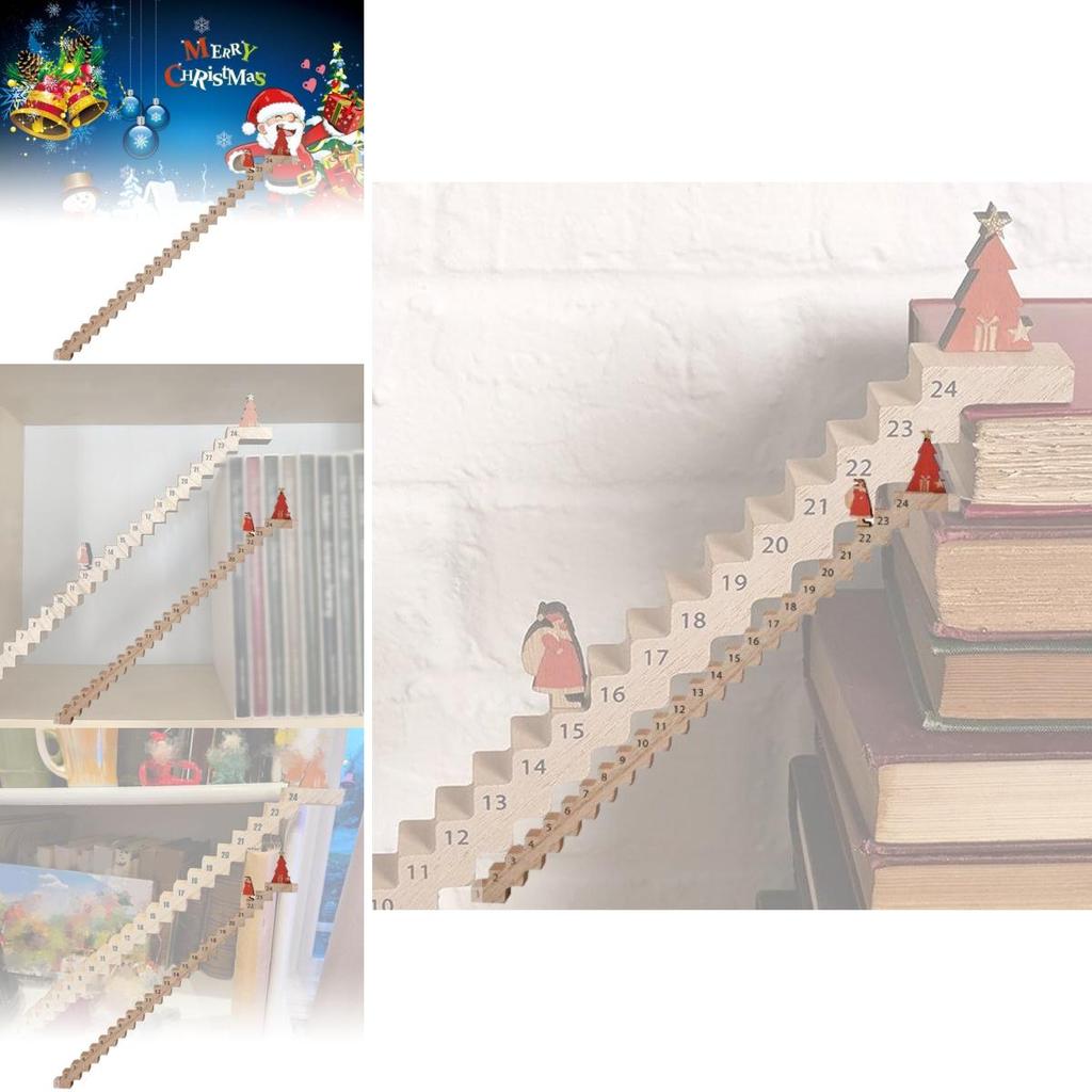 Lekfull julnedräkningskalender med livfull träjultomte som klättrar på trappan för festlig stämning
