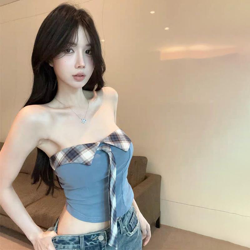 Women'S Retro Plaid Patchwork Tube Top Pure Desire Sexy Strapless Slim Vest With Chest Pad