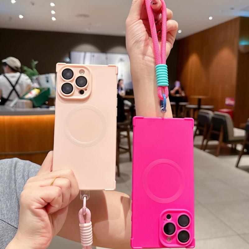 Matte Soft Silicone Square Shockproof Case for iPhone 16 15 14 Plus 13 Pro Max Magnetic Wireless Charge Lanyard Rope Strap Cover