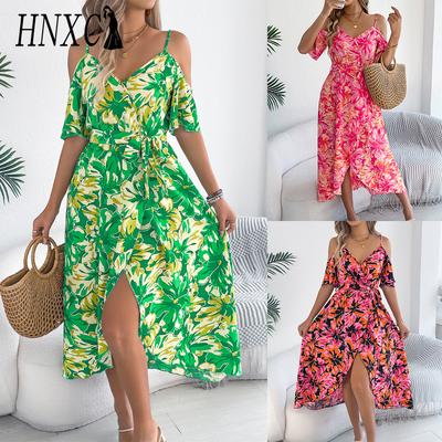 HNXC Spring and Summer Off-the-shoulder Cross-V-neck Floral Halter Dress for Women's Vacation