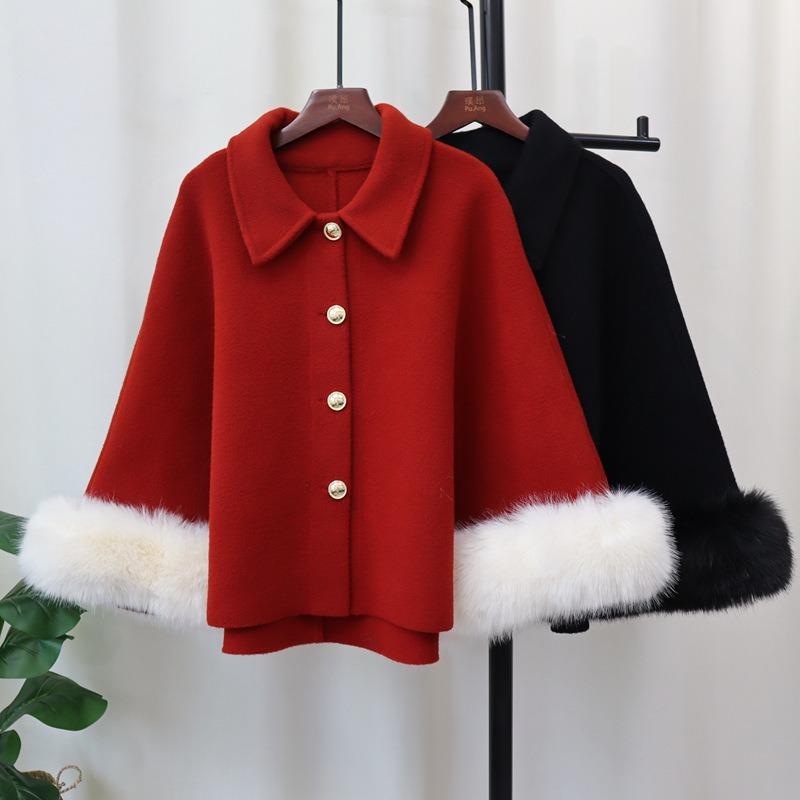 Autumn and Winter New Knitted Double-sided Woolen Cloak Light Luxury Fluff High-end Temperament Coat Shawl Women