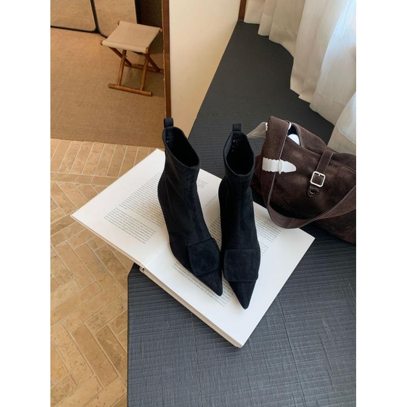 2025 new autumn and winter French versatile pointed kitten heel buckle short boots elastic thin boots Korean version socks boots women