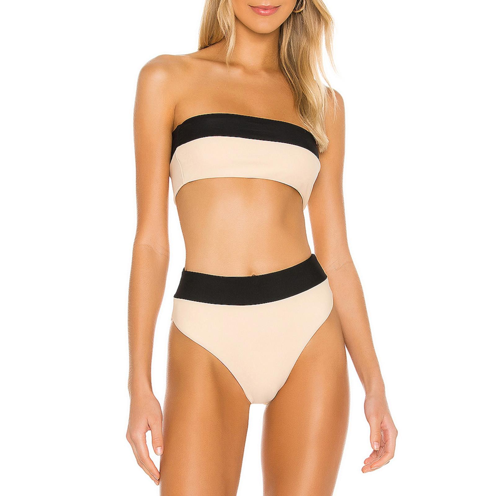 

Женский сексуальный слитный купальник бикини с панелями однотонного цвета, плоской грудью и высокой талией M бежевый