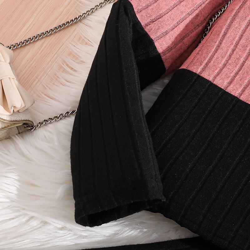Girls' European-American Color Block Ribbed Knit Long Sleeve Top & Flare Pants Set - Autumn/Winter New Arrivals for Big Kids