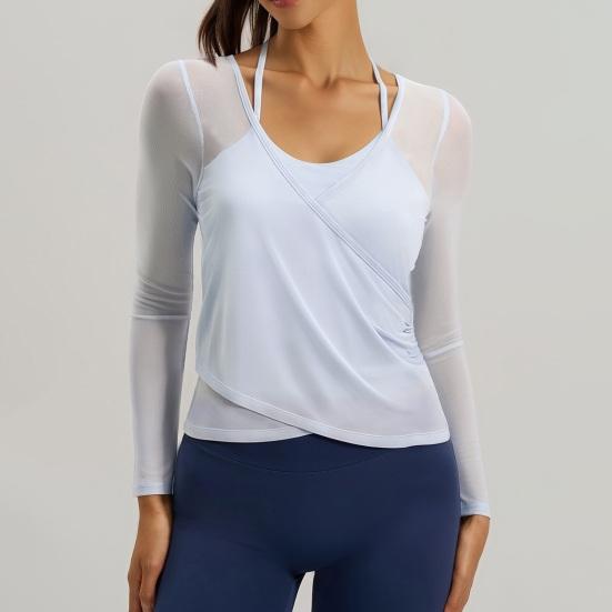 Long Sleeve Yoga Two-Piece Set for Women Mesh Gym Athletic Tops Workout Shirts with Support Sports Bra