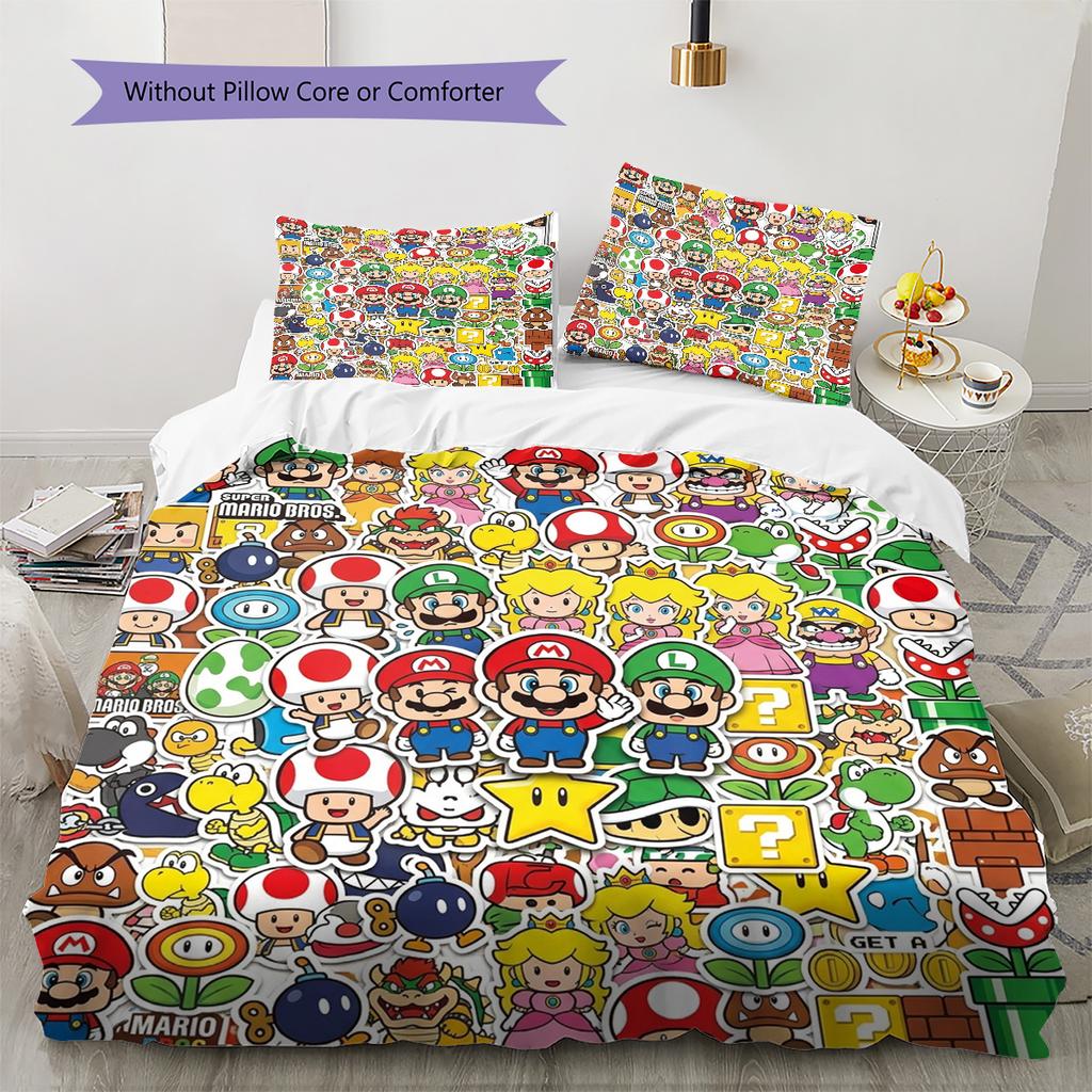 Super Mario Pattern Bedding Quilt Set Quilt Cover Pillowcase Home Birthday Gift(1 * duvet cover + 2 * pillowcase, without core)