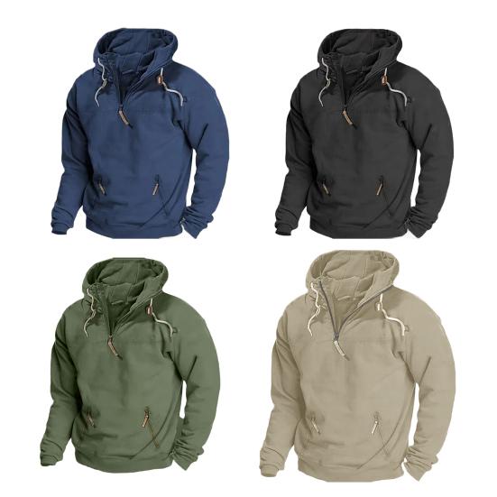 Men Fall Winter Hoodie with Pocket Drawstring Half Zipper Hooded Vintage Style Long Sleeves Solid Color Mid Length Loose Casual Daily Top