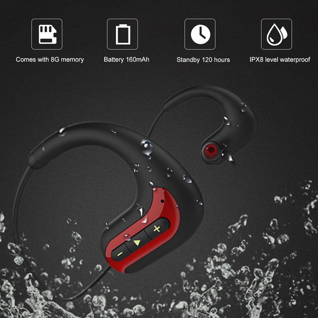 IPX8 Waterproof Sports Headphone Swimming Rear Hanging Bluetooth Earphone with 8G MemoryRed