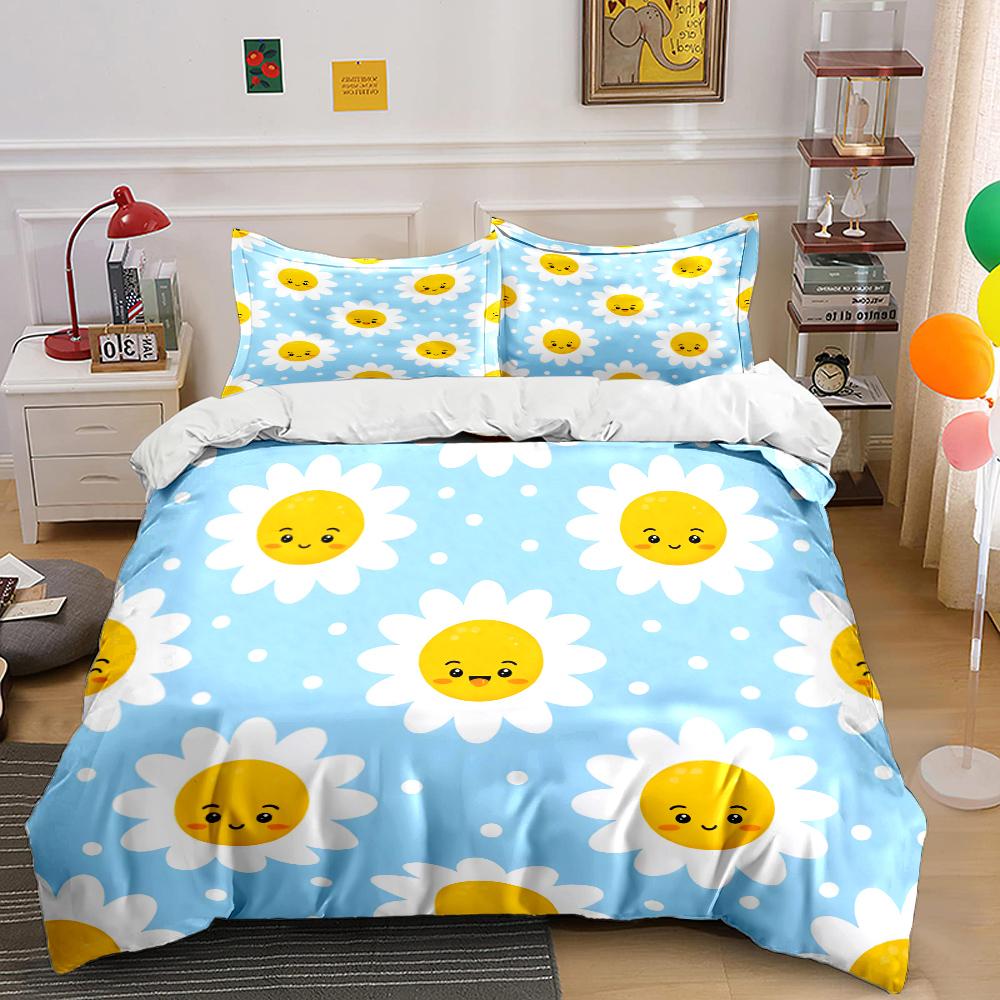Cartoon Smiling Flower Pattern Bedding Set for Kids Luxury Gift 3pcs Digital Print Comforter Set Soft Comfortable Breathable
