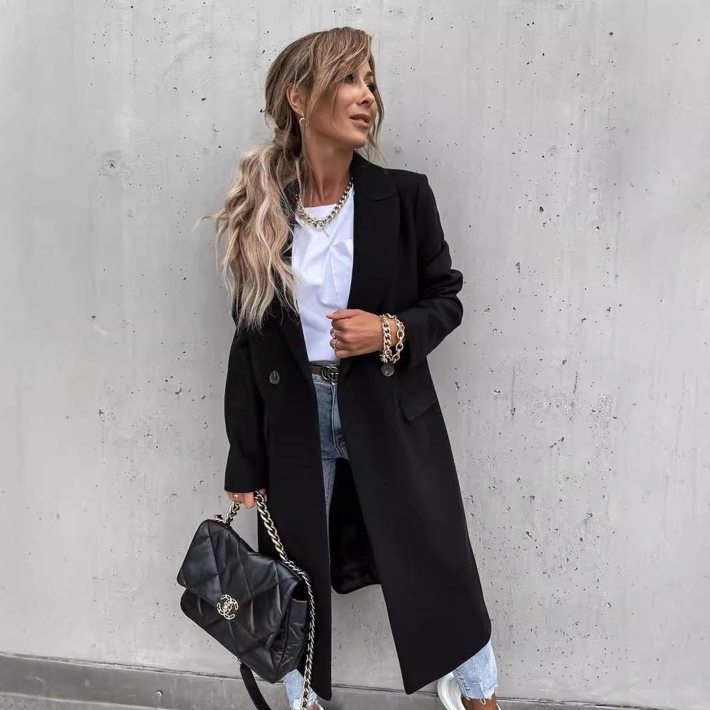 Women's Long Double Breasted Blazer Coat In Beige, Light Gray, Black & Off White with Notched Lapel