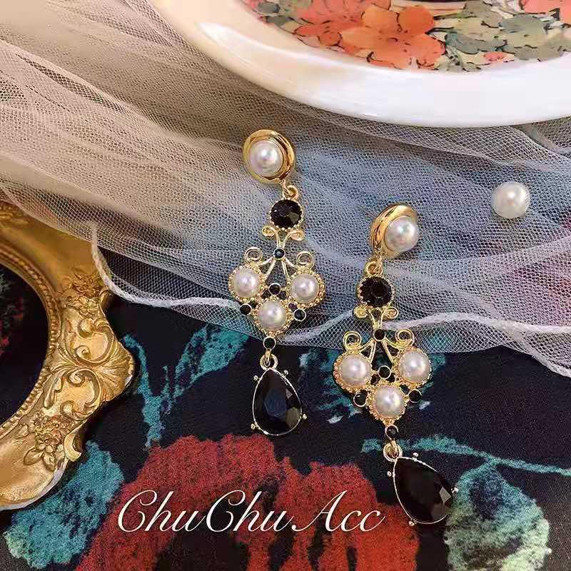 Black Stud Mandala Baroque Chic Pearl Teardrop Diamond Earrings