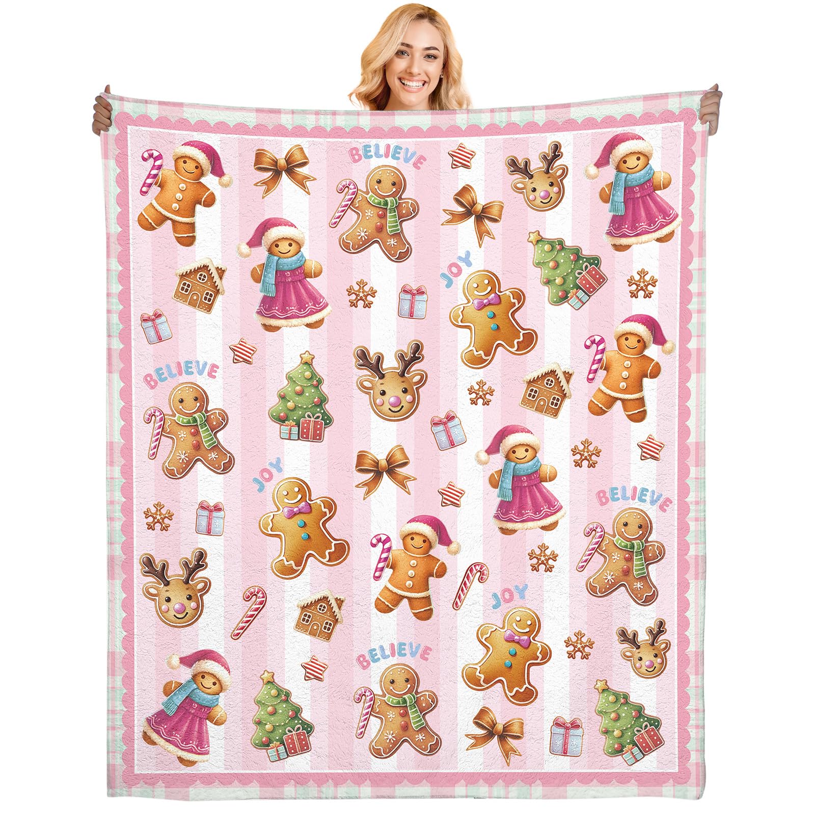 

Christmas Gingerbread Blanket GiftCute Pink Xmas Decorations Bedroom Living Room Home Cozy Flannel Throws Presents Birthday 75x100cm (30x40inch)