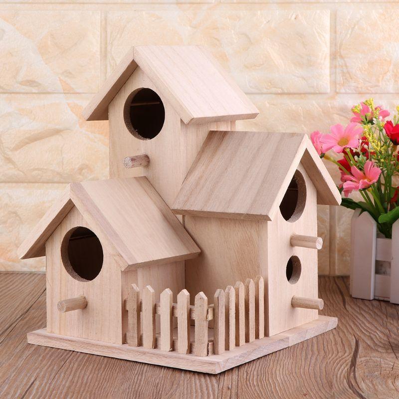 For Creative Wooden Bird House Breeding Cage Box Feeding Nest Garden Backyard Pendant Simulation Fence Birdhouse Decorat X3UC