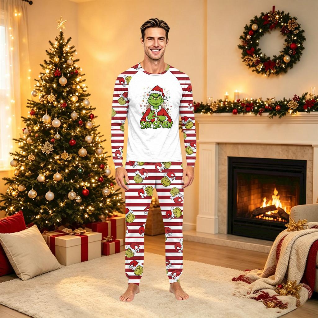 Christmas Family Matching Pajama Set with Printed Round Neck Long Sleeve Top and Pants for Parents and Kids