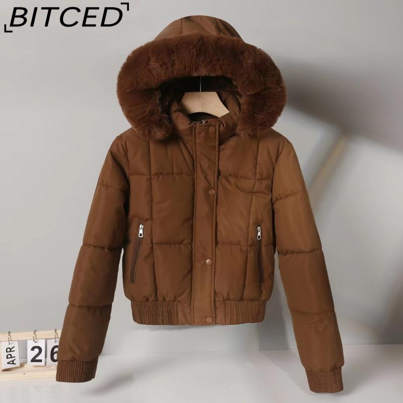 BITCED Women's Short-Length Puffer Coat Winter Fleece-Lined Thickened Cotton Jacket with Large Fur Collar Bread-Style Outerwear