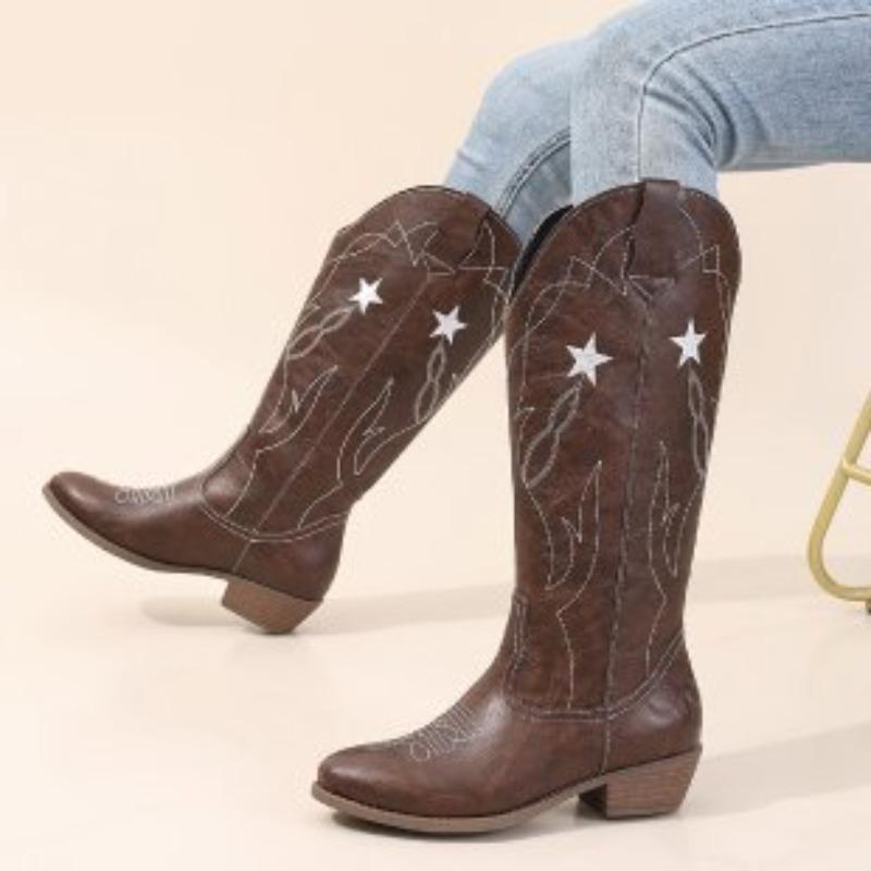 Foreign Trade Large Size Star Totem Embroidered High Leather Boots Women's European and American Style Sewing Thread Pointed Thick Heel Western Boots
