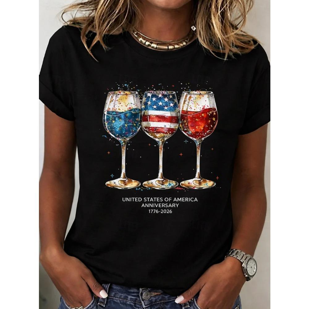 Fashion Women Retro Creative American Wine Glass Print T Shirt Funny Casual O-neck Short Sleeves T-shirt Summer Female Tee Shirt