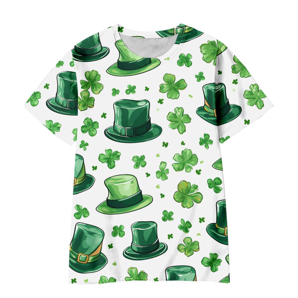 Summer Round Neck 3D Green Magic Hat with Clover Print Top Fashionable Casual Short Sleeved Children's Boy and Girl T-shirts