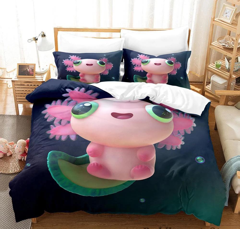 Kawaii Djur Axolotl Tryck Sängkläder Set Enkelt Twin Full Queen King Size Sängset Aldult Barn Sovrum Påslakanset 3D Anime