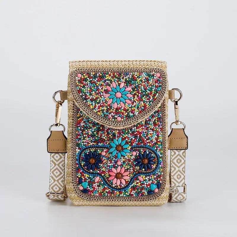 1 Плетеная вручную богемная соломенная сумка через плечо, модная сумка с бисером, плетеная сумка кроссбоди, летняя повседневная пляжная сумка 19X15X4CM