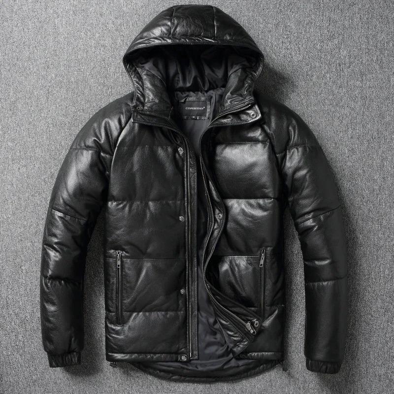 Chinese Size Raglan Sleeve Thick Men Leather Jacket Hood Warm Duch Down Coat Winter Jackets Genuine Cow Leather Coats Mens Clothing