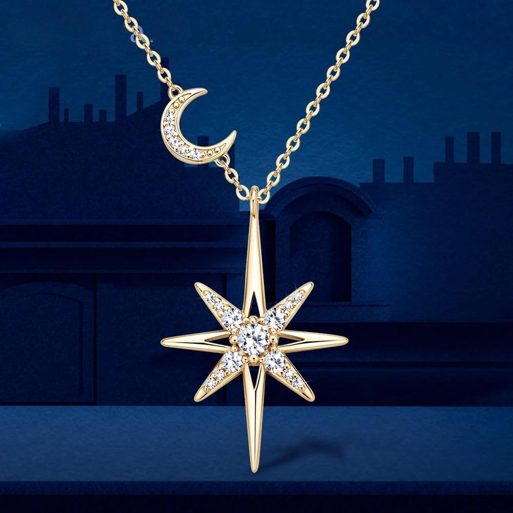 Silver Full Moissanite Necklace for Women 18K Gold Plated Star&Moon Pendant Necklace Choker Chain Fine Jewelry Gifts