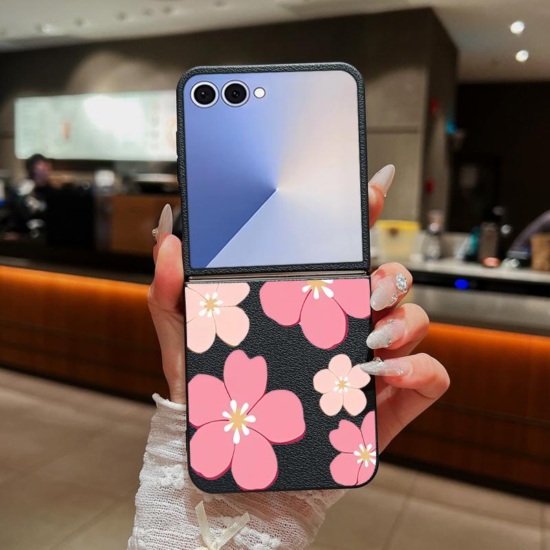 Fresh Style Cherry Blossom Pattern Case For Samsung Z Flip 7 6 5 4 Leather Texture Folding Fhone Cover For Galaxy Z Flip7 Flip6 Flip5