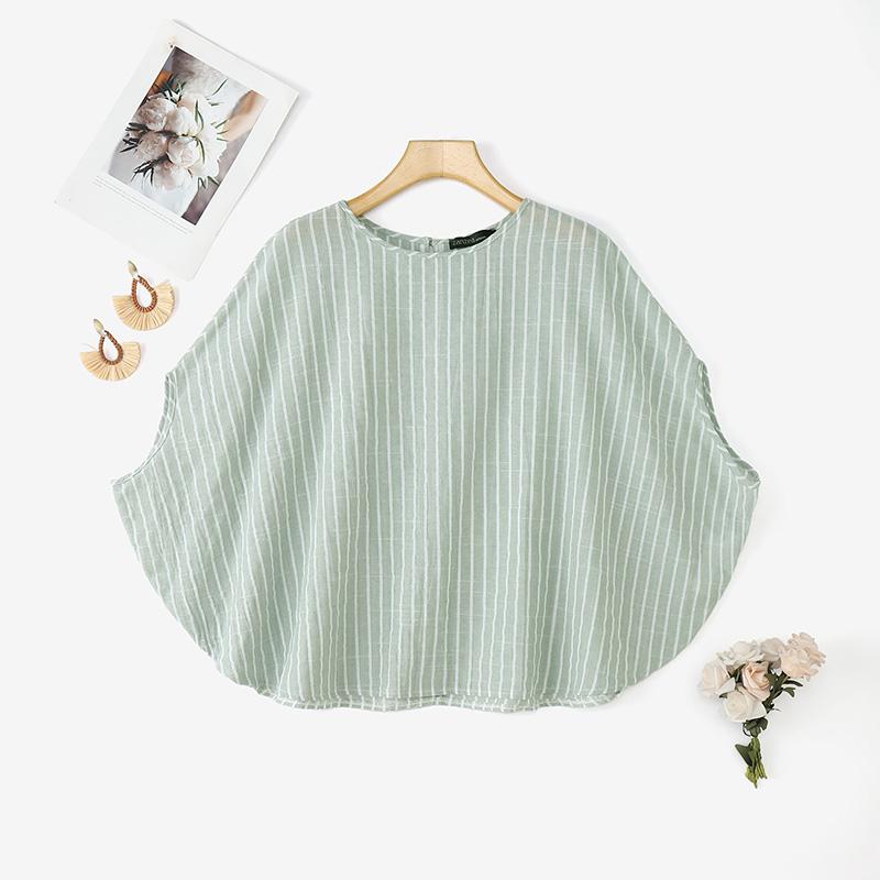ZANZEA Women Casual Round Neck Dolman Sleeve Summer Stripe Blouse