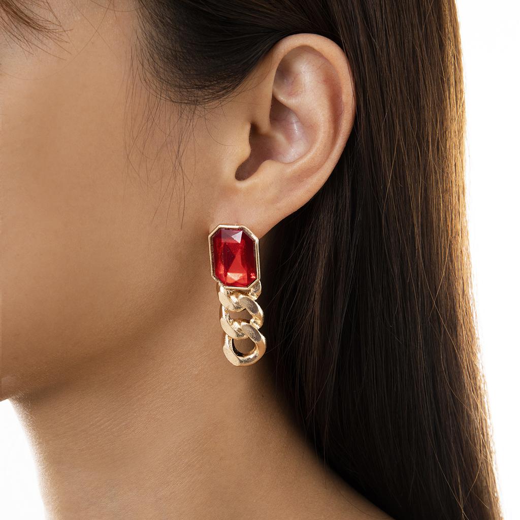 Temperament Simple Color Imitation Gemstone Stud Earrings Women, Retro Personalized Metal Chain Earrings