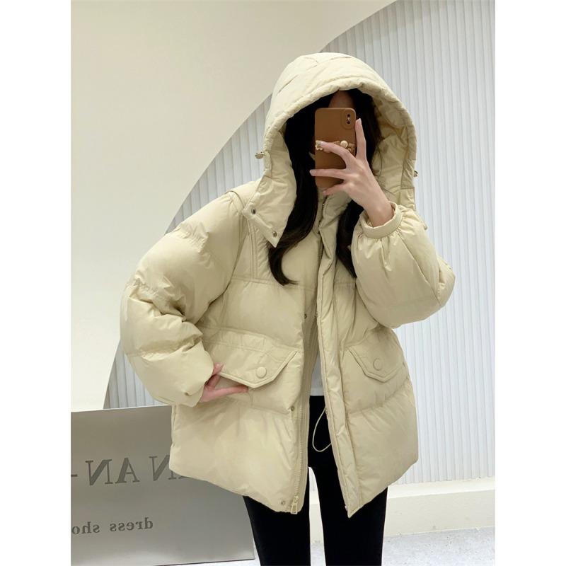Winter Hooded Waist Down Jacket Women's Medium and Long Casual Loose Thickened Duck Down
