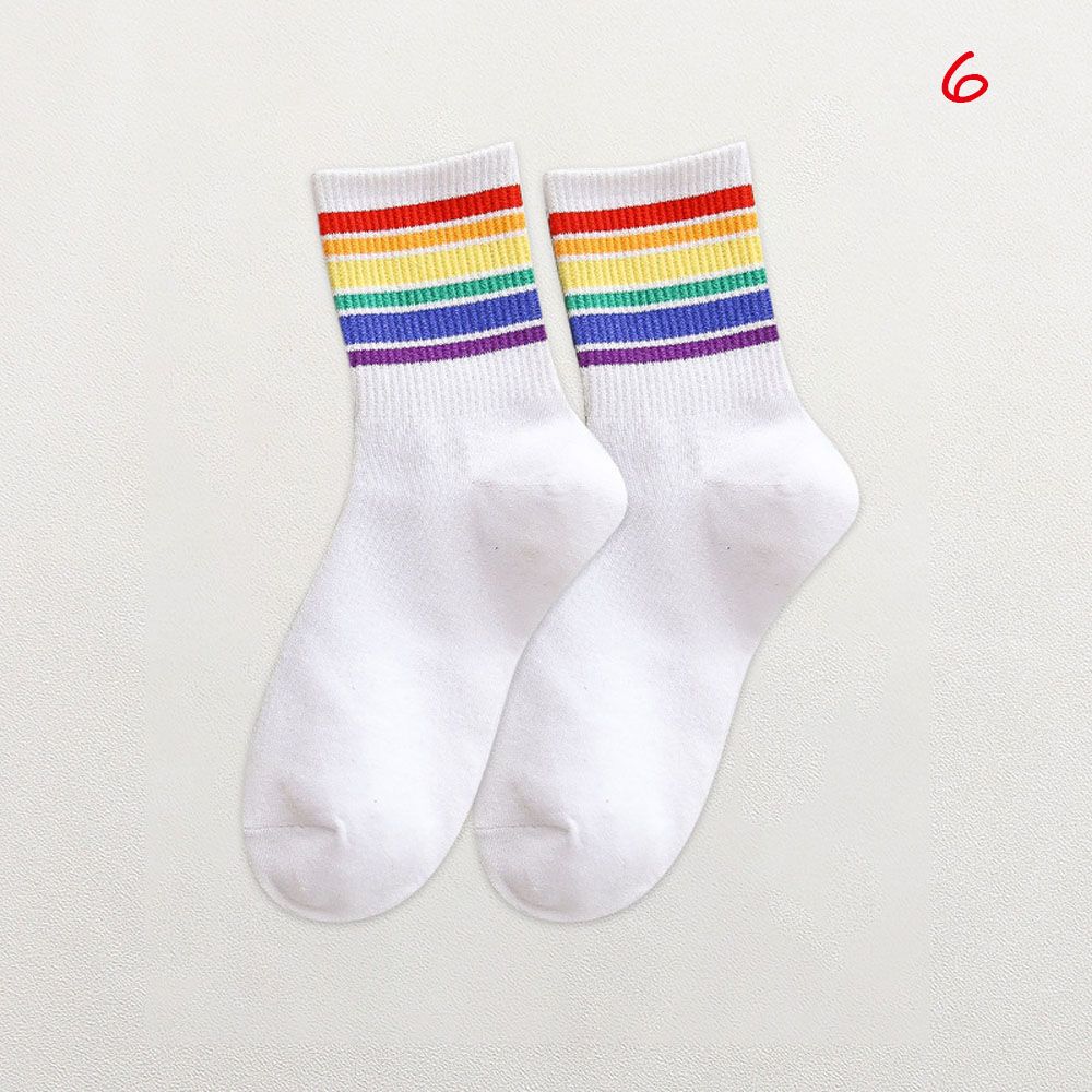 Sport Trendy Multicolor Rainbow Streetwear Striped Cotton Socks Tube Sock Women Socks Middle Tube