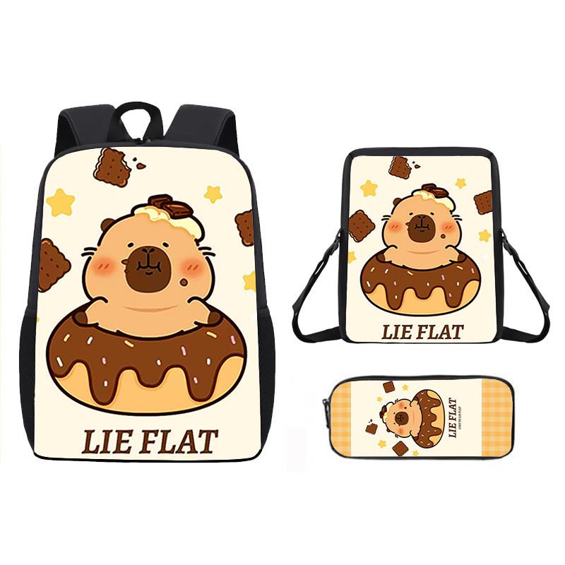 Ice Doughnut Cubes Capybara Cute Cartoon Pattern Backpack Three Piece Set