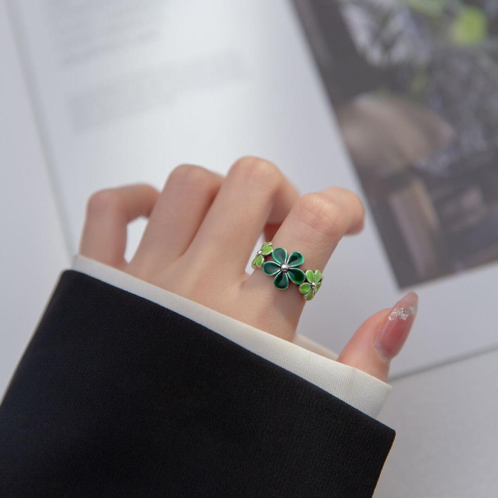 Silver Green Flower Leaf Ring, New Fashionable Rose Daisy Design, Open Design, Delicate Jewelry Item for Girls
