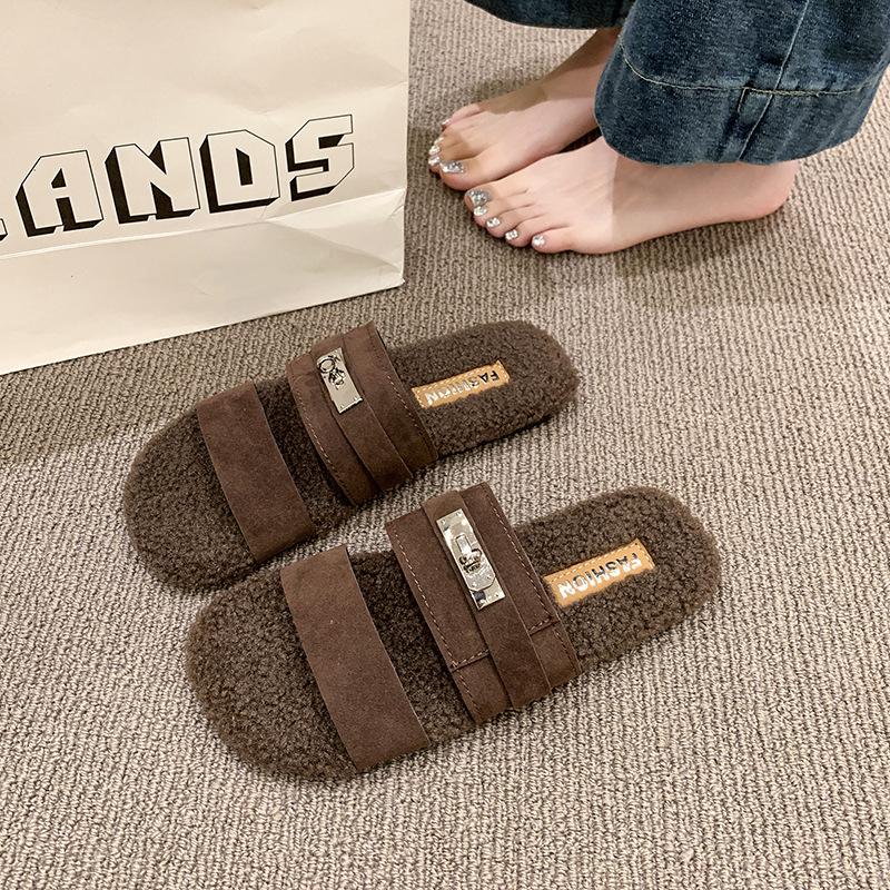 

2025 autumn and winter new fashion versatile flat bottom one-word slippers women wear casual and comfortable fluffy slippers women 40 коричневый