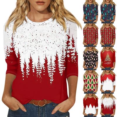 Women's Fashion Casual Round Neck 3/4 Sleeve Loose Christmas Printed T-Shirt Ladies Top