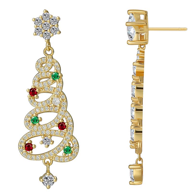 

E0535 European & American Christmas Tree Snowflake Zircon Stud & Dangle Earrings for Women Copper 18K Gold Plated