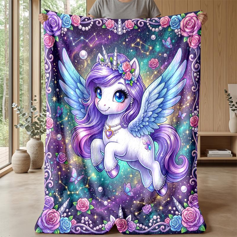 Magical Unicorn with Roses Theme blanket Lightweight Warm Flannel Blanket Decorative Throw Blanket for Home Decoration