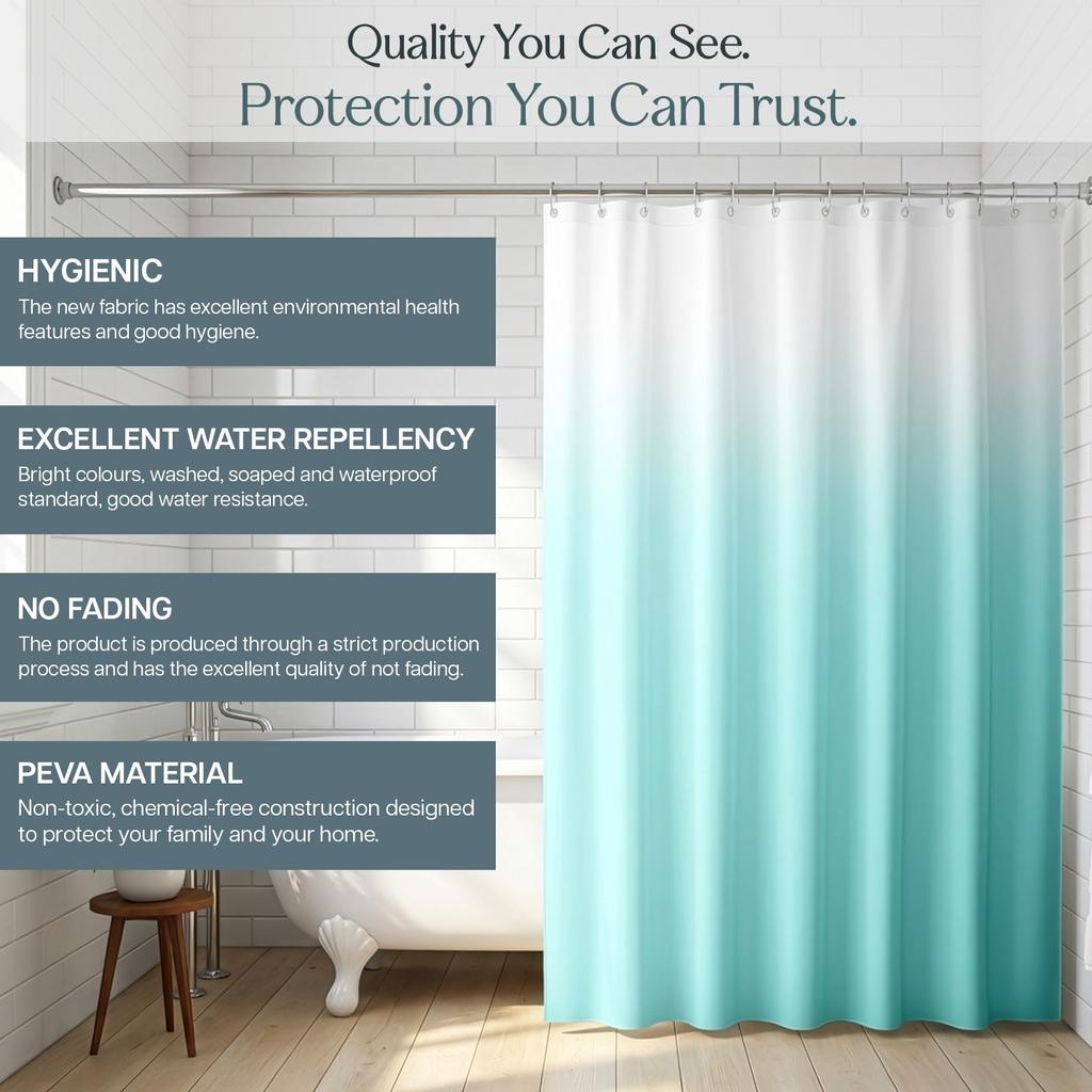 Ombre Blue Gradient Shower Curtain Machine Washable All Season Waterproof Privacy Protection 2D Print Solid Color Design Modern