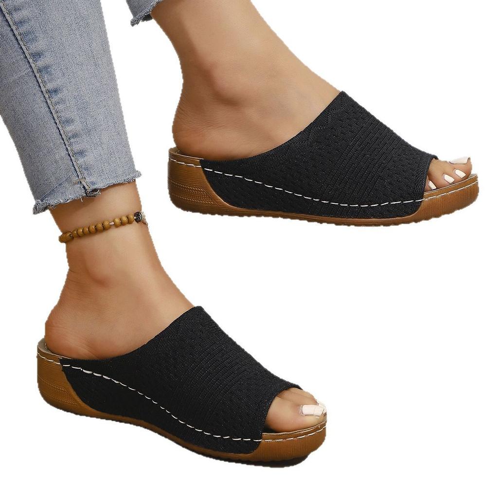 2025 spring and summer new flying woven slope heel slippers fashionable simple and lightweight one word fashionable large size slippers women