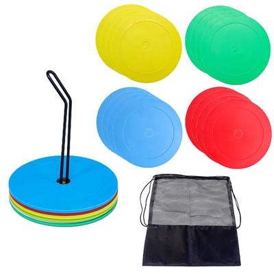 16 Flat Markers In 4 Colors, Perfect for Soccer, Futsal, and Indoor Use, with Non-Slip Surfaces, Includes Stand and Mesh Bag